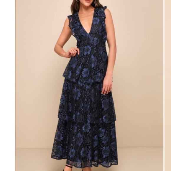 LULU's Prom Wedding Bridesmaid Tiered Lace Floral Ruffles Maxi - Picture 3 of 7